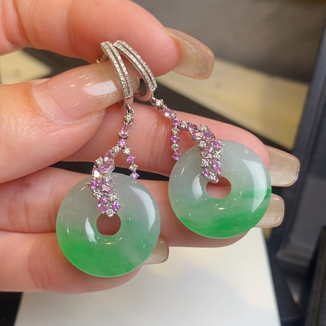 翡翠耳饰18K金镶嵌甜甜圈