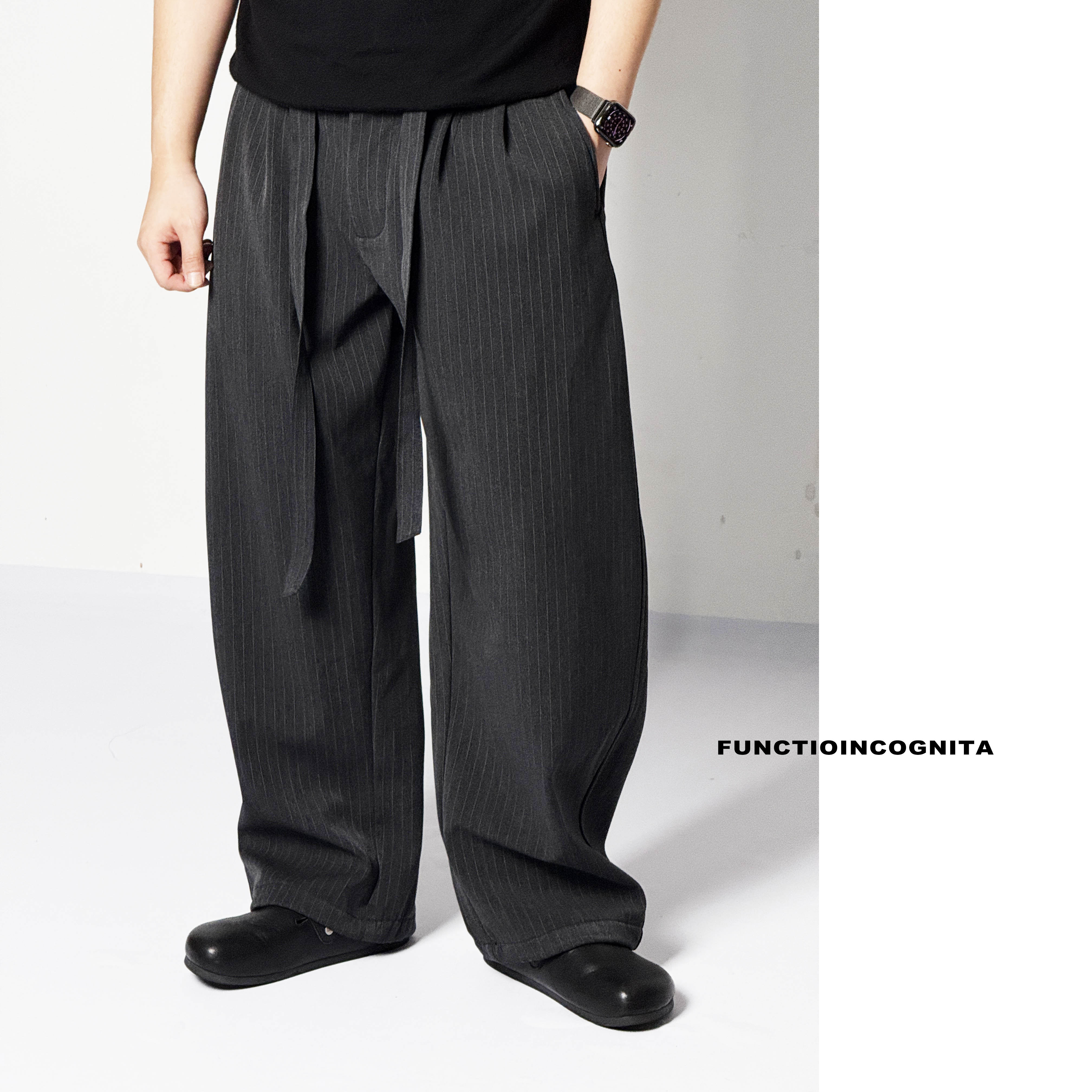 Functioincognita【条纹复古感加绒休闲裤】腰带可拆 阔版小弯刀