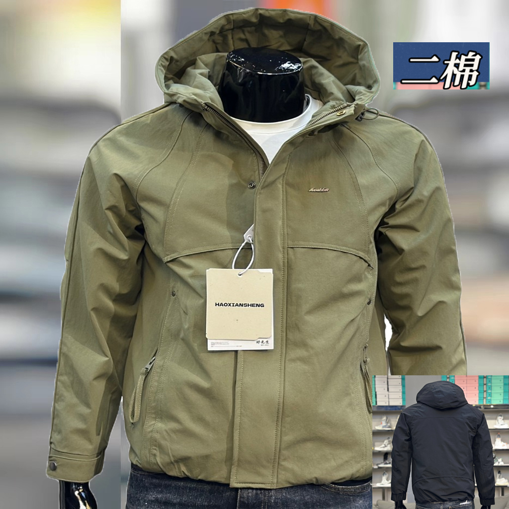 秋冬季美式户外工装连帽二棉夹克外套男士时尚修身加棉棉衣冲锋衣