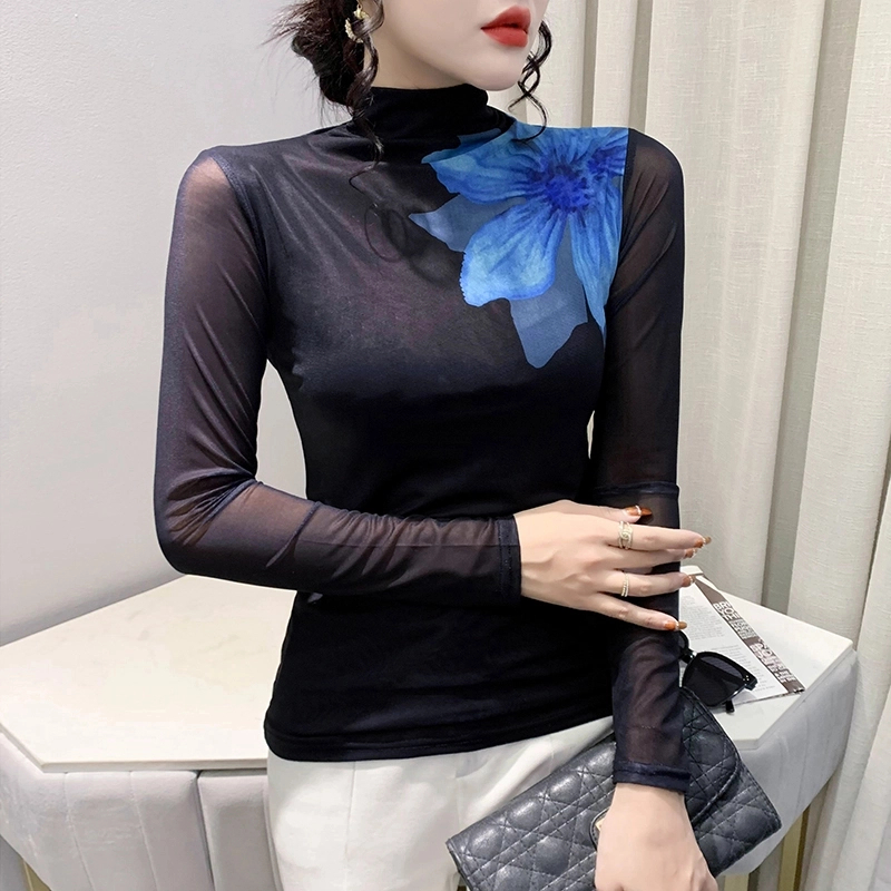 【蝶恋花专属】欧货女装2024秋时尚洋气高领印花长袖网纱设计感上衣