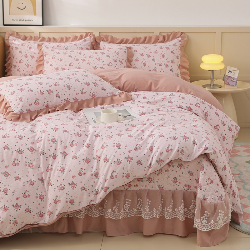 四季通用夹棉床盖四件套法式花边针织棉母婴级被套可机洗空调夏被