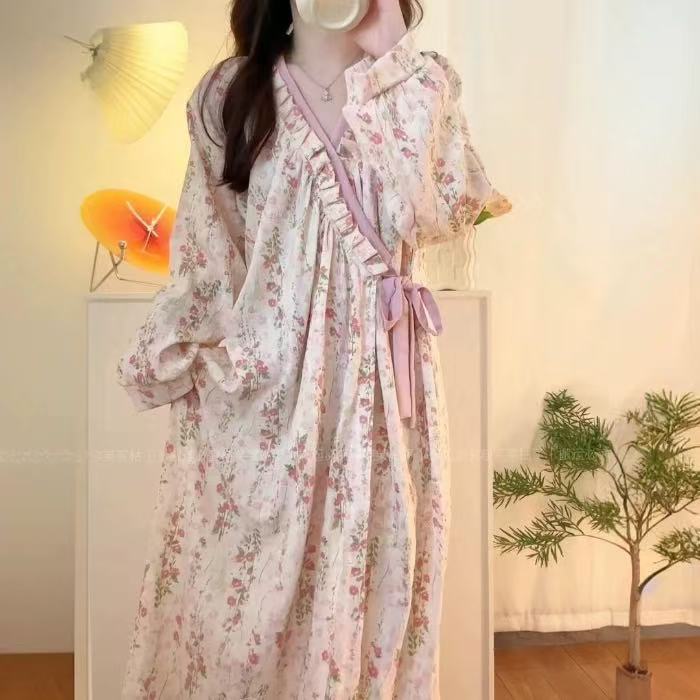 时尚甜美粉色碎花气质V领绑带长袖中长款睡袍2025春季韩版女睡裙
