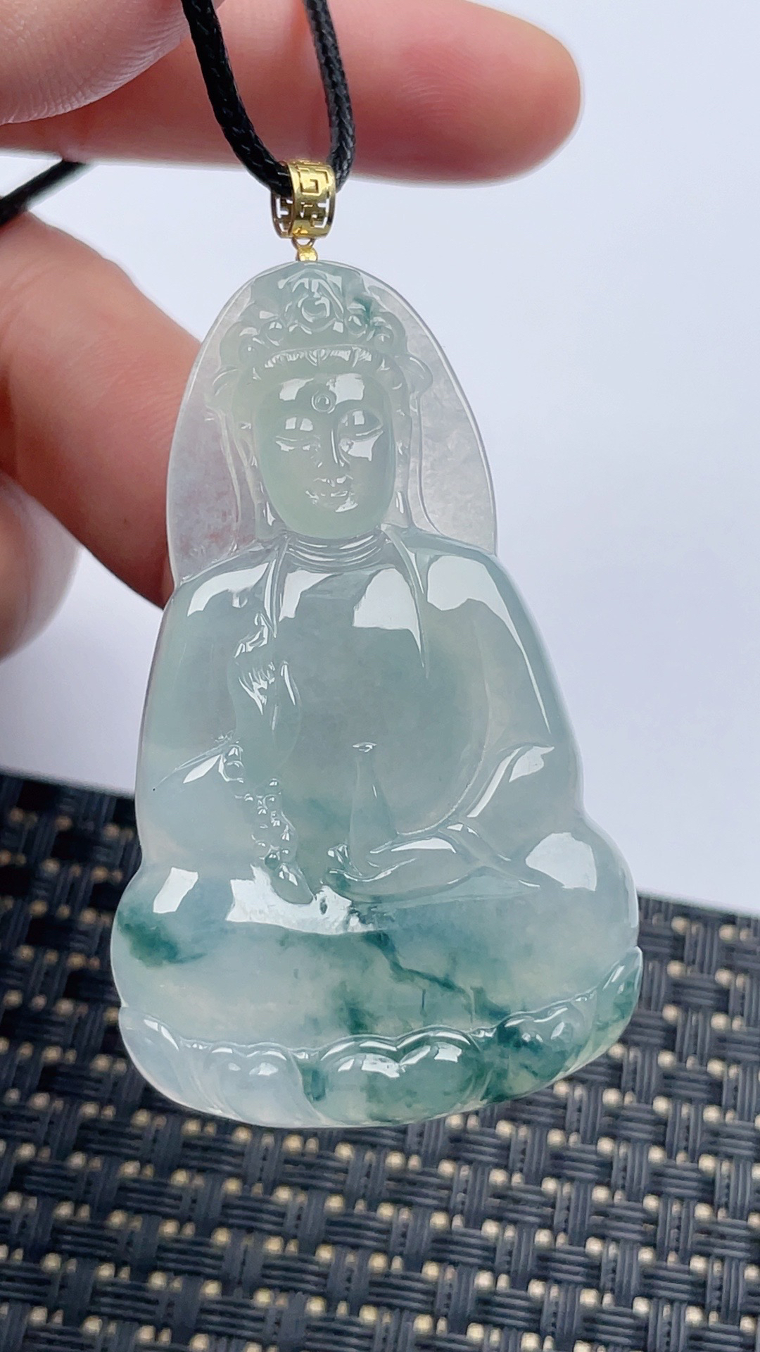 缅甸天然翡翠A货冰飘花素衣观音吊坠尺寸57.9-34.8-6.0