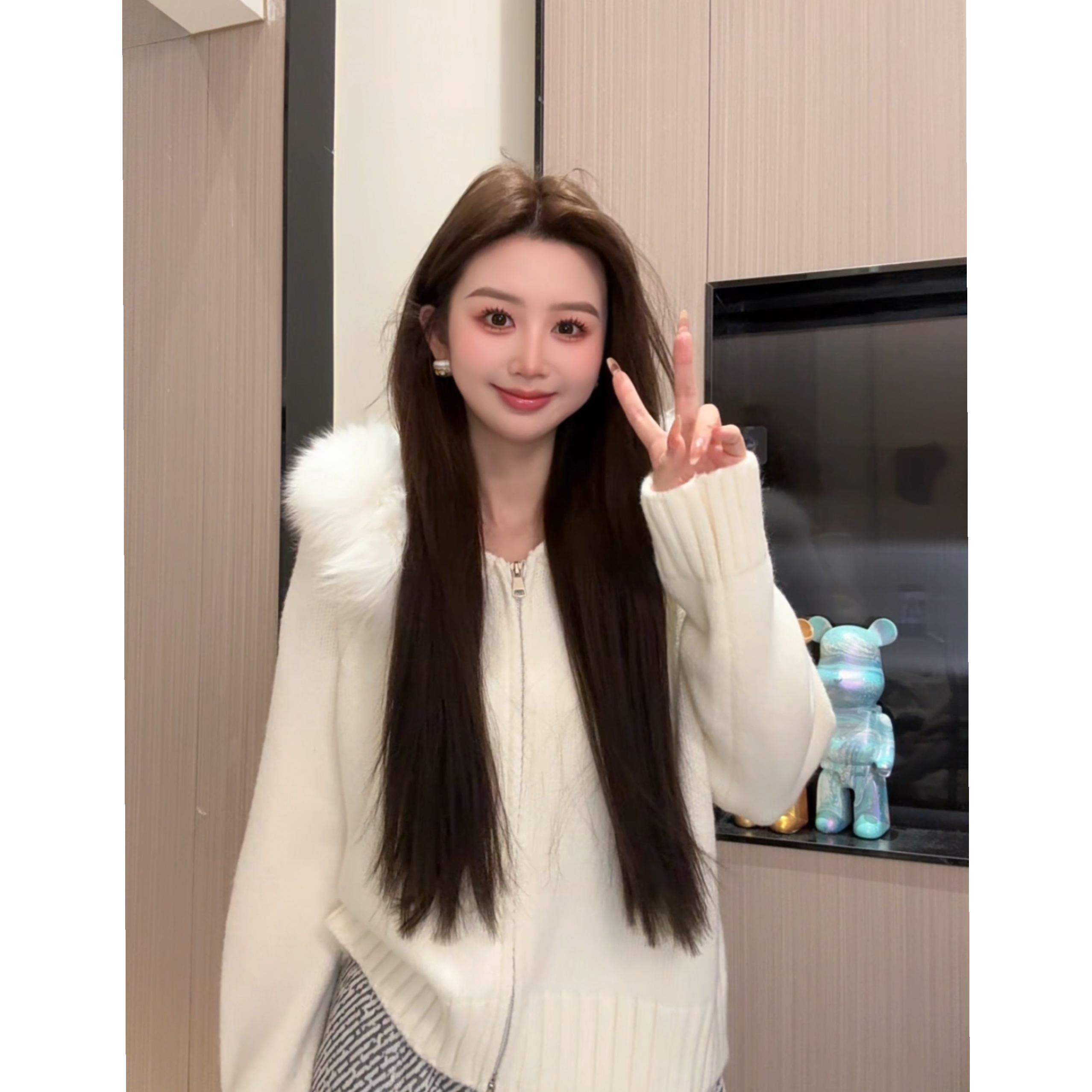 韩系毛毛领连帽双拉链毛衣外套女秋冬季慵懒风短款针织开衫上衣女