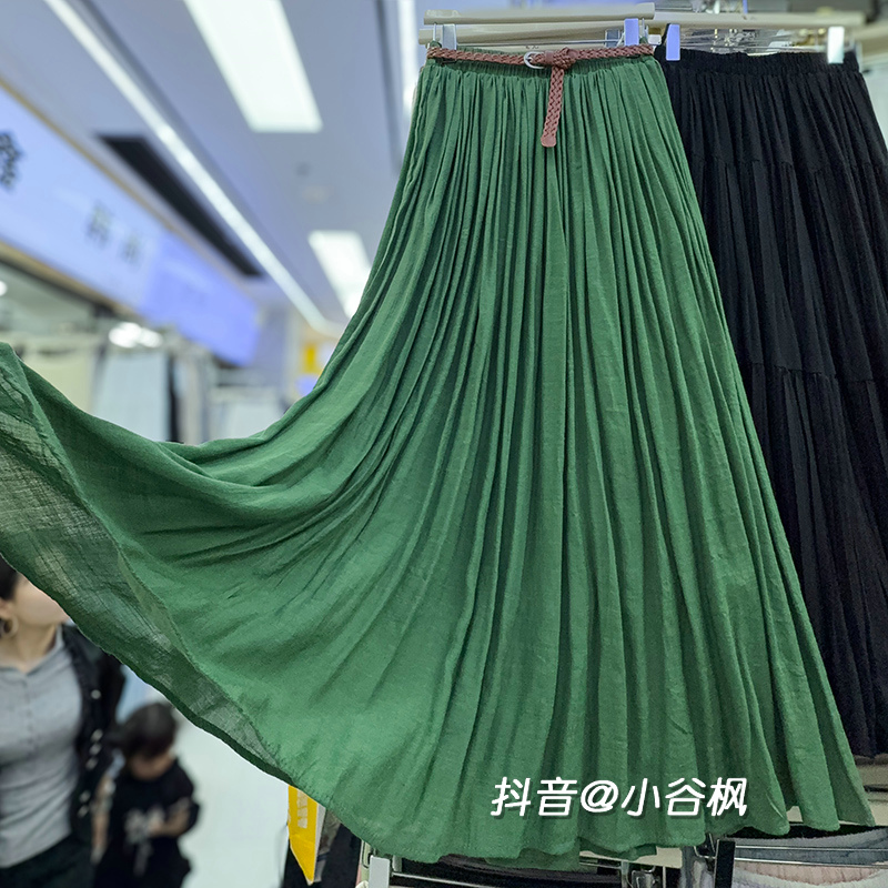 新中式仿棉麻垂感大摆半身裙女夏爆款2025新款显瘦百褶长裙半裙