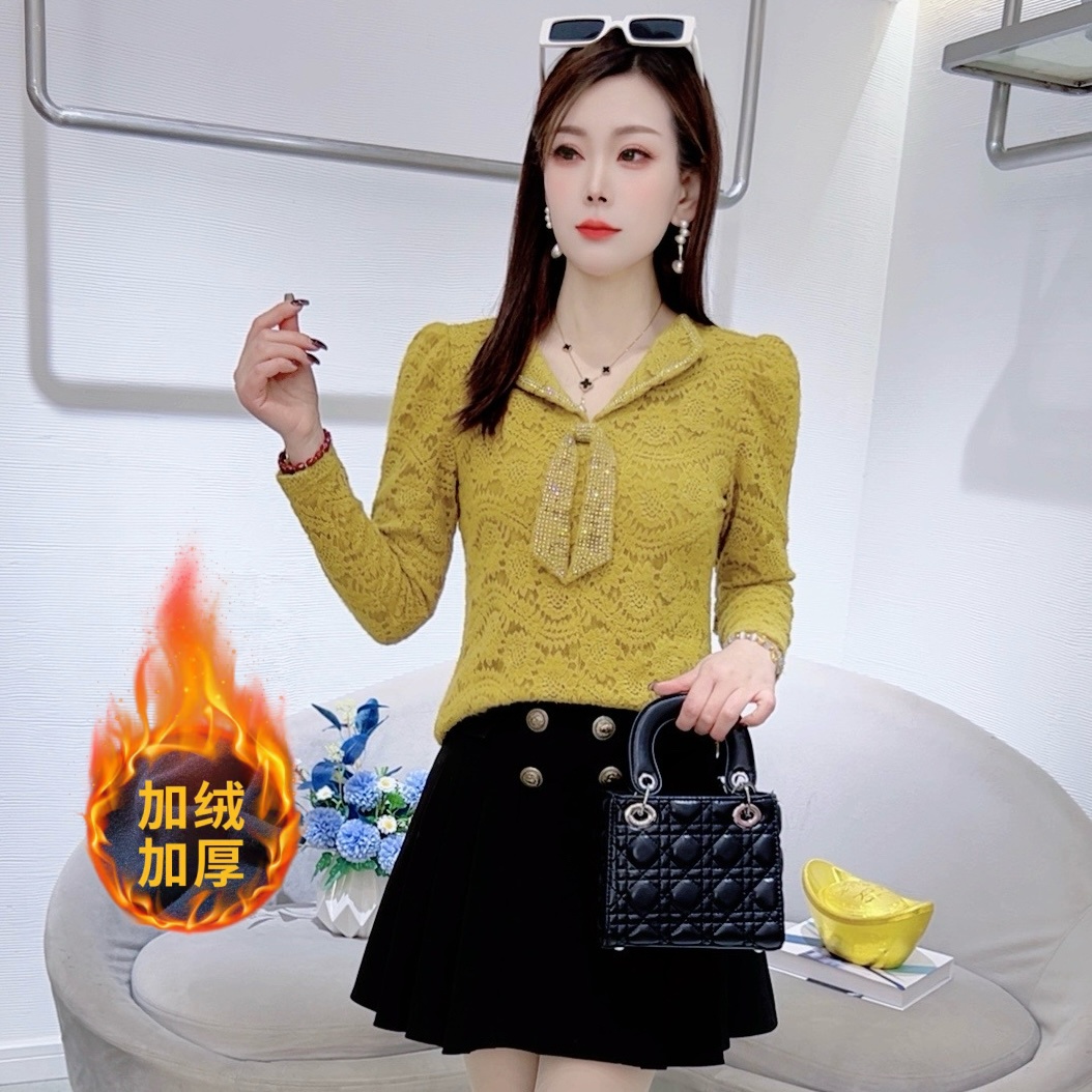 A9160冬季新款磨毛蕾丝长袖打底小衫减龄洋气显瘦百搭上衣