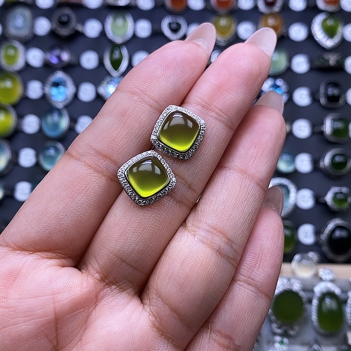 岫玉耳钉银S925镶嵌美*