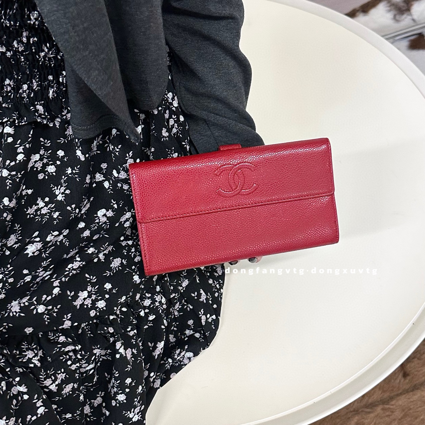 95新 Chanel/香奈儿 chanel 酒红色荔枝牛翻盖钱包