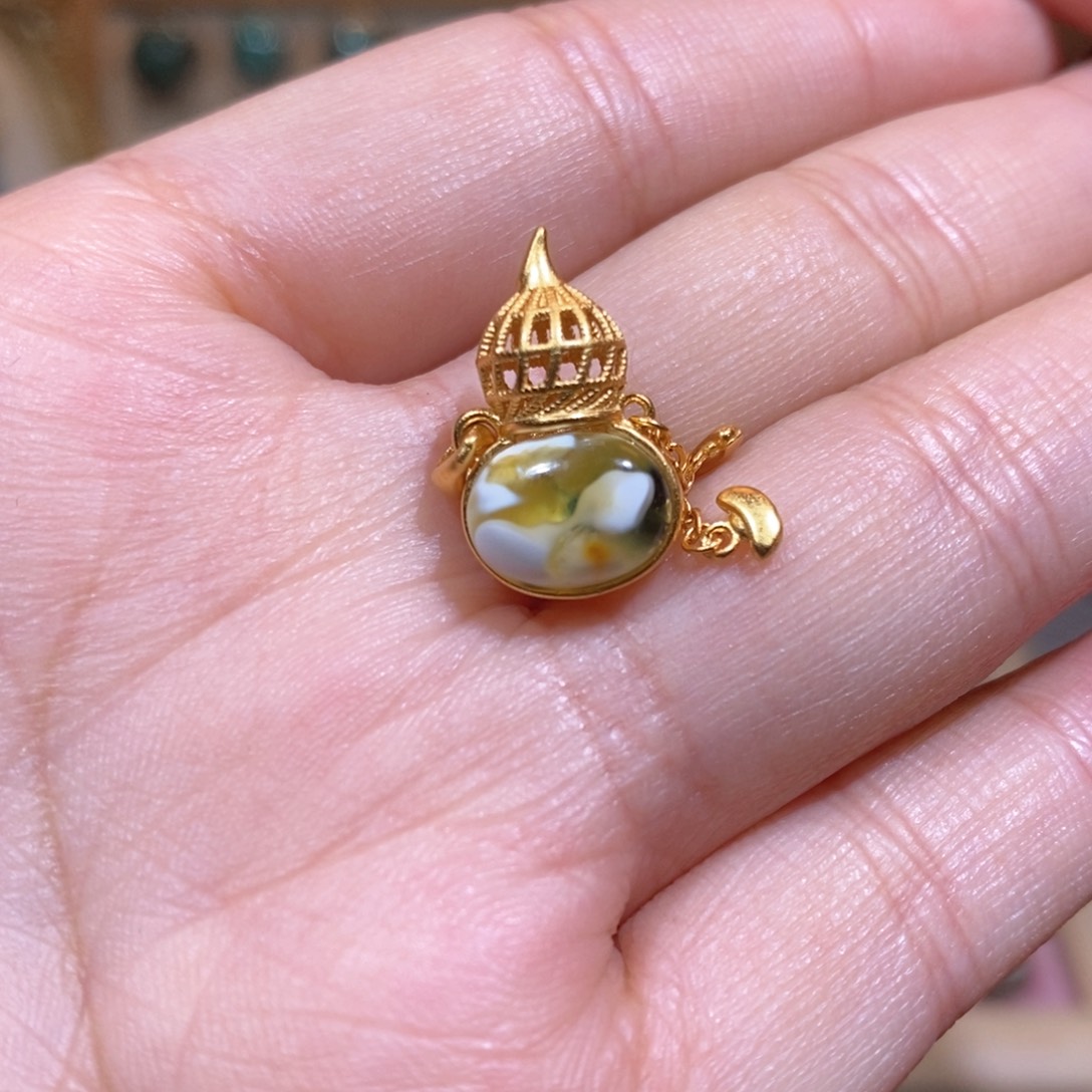 琥珀颈饰银S925镀金镶嵌吊坠