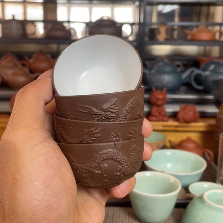 紫砂茶壶紫泥云龙白釉杯40cc