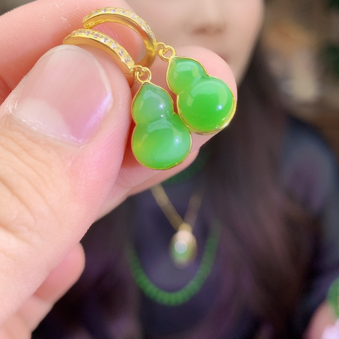 吊坠(不含链)银S925镶嵌和田玉（碧玉）耳饰