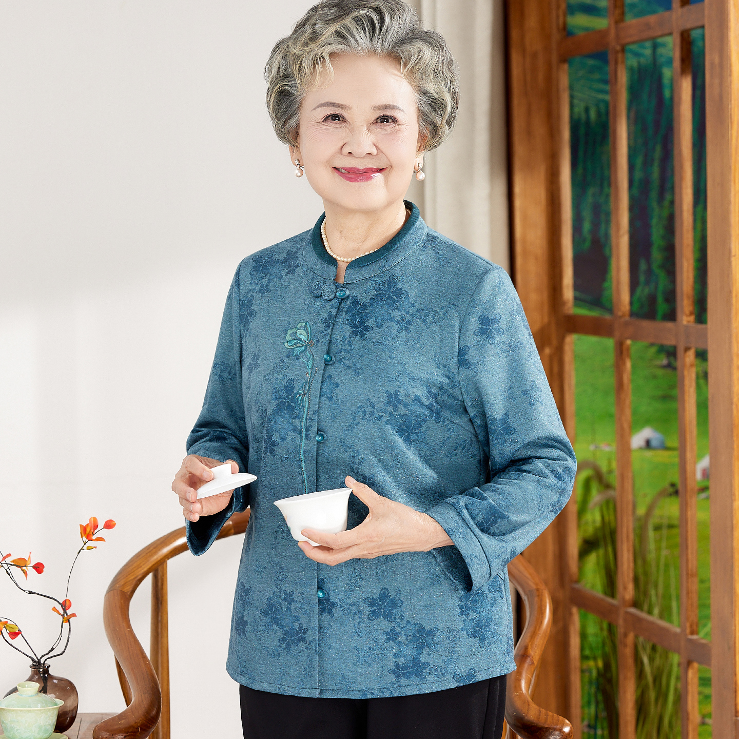 老年人秋装女长袖衬衫婆婆妈妈春秋天宽松新中式唐装上衣奶奶衣服
