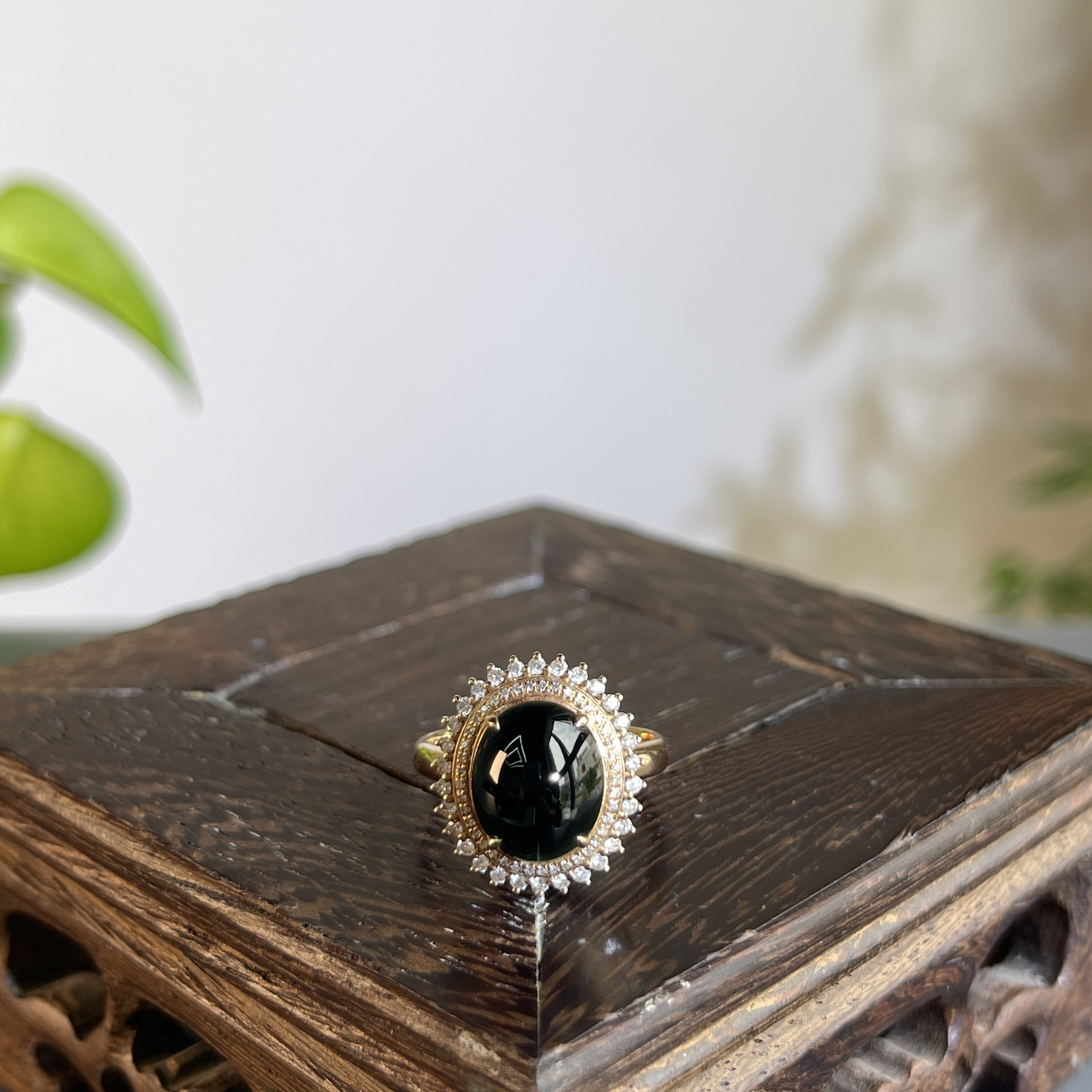 JCW23-154 黑色天然翡翠A货    黑-18K含钻镶嵌戒指14#