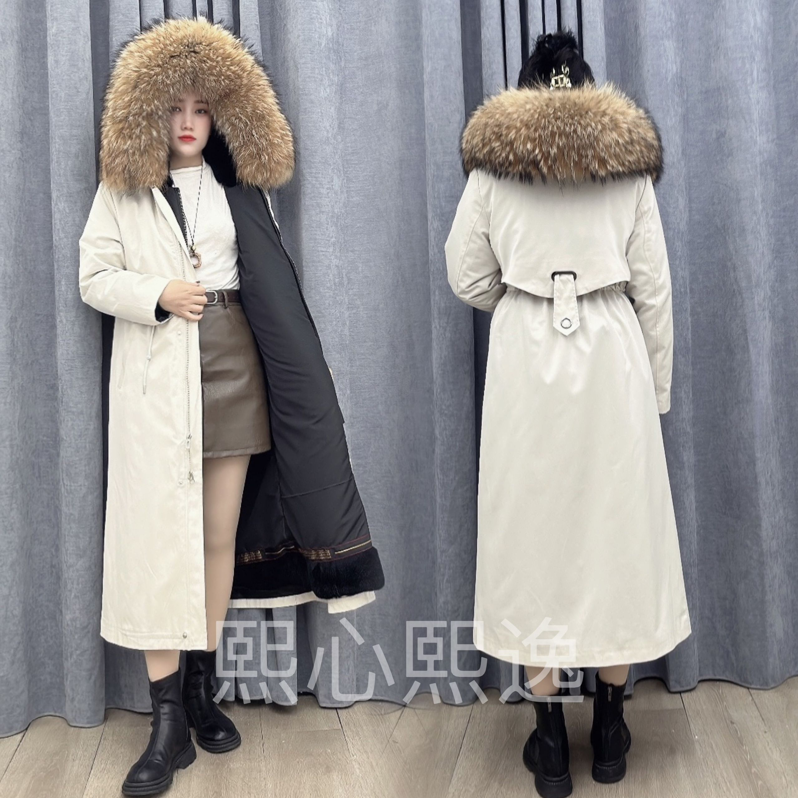 脚踝款派克服女25款可拆卸獭兔毛内胆皮草长款貉子大毛领过膝大衣