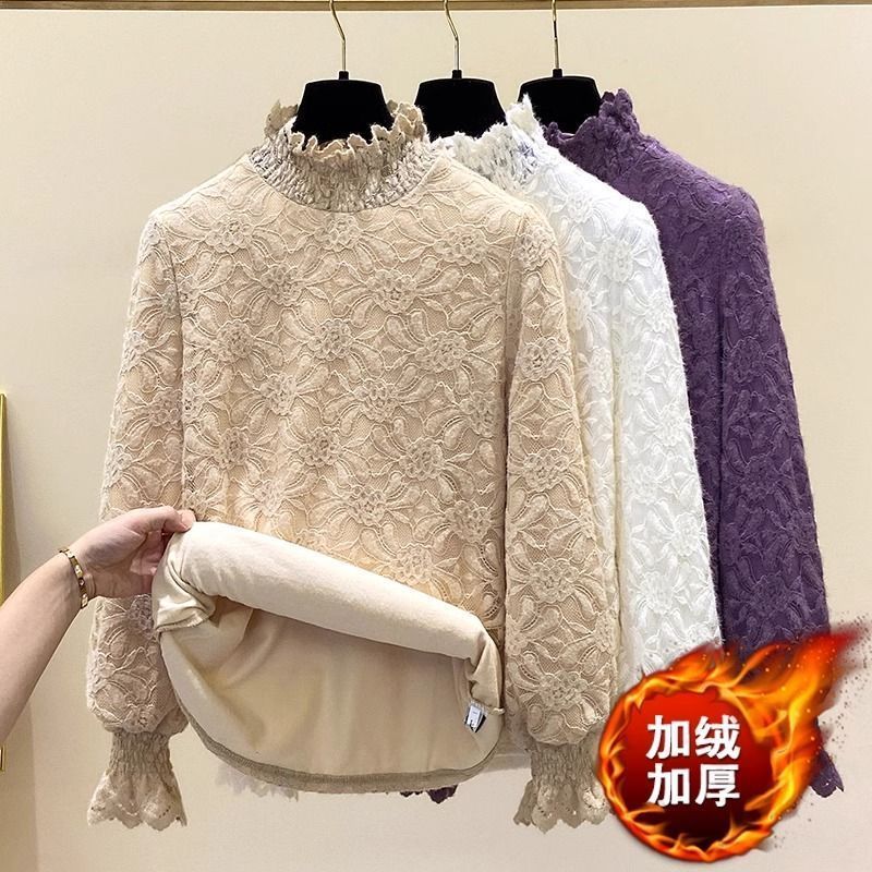 加绒加厚蕾丝打底衫秋冬爆款半高领显瘦遮肉遮肚保暖内搭上衣