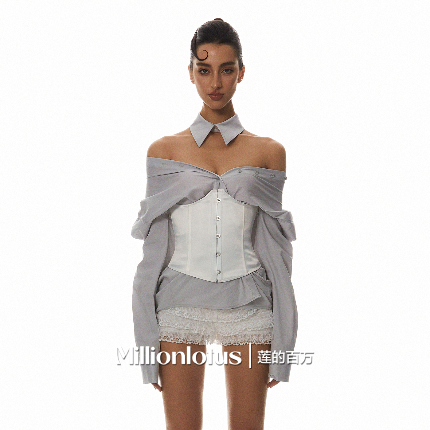莲的百万 一衣多穿衬衫叠搭鱼骨腰封蛋糕蕾丝短裤套装