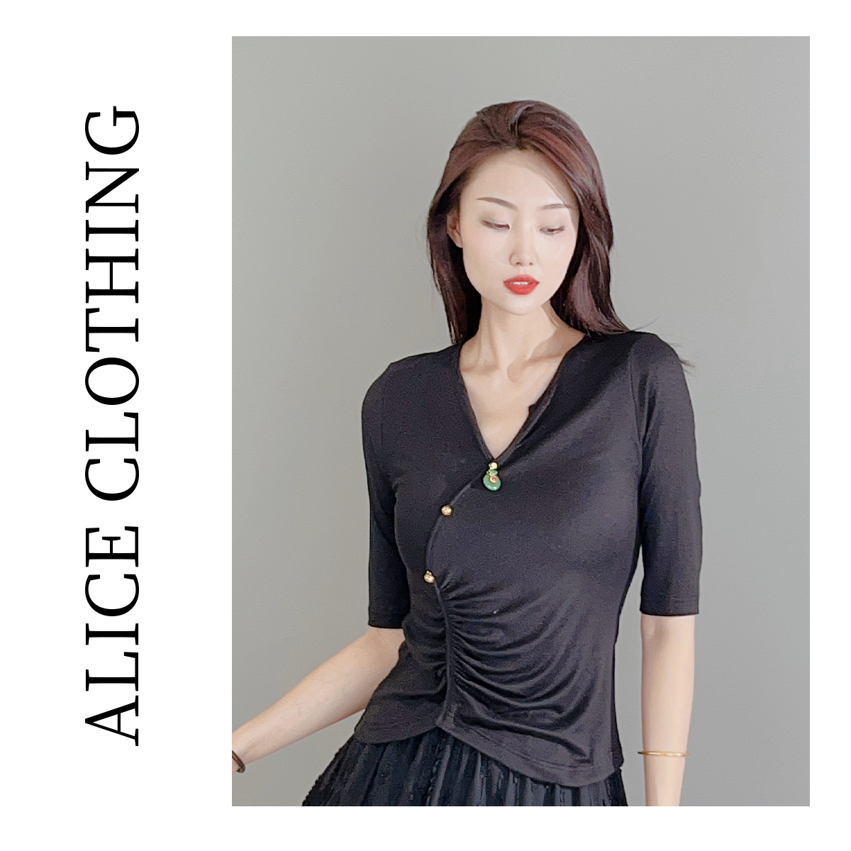 1ALICE “自在呼吸”国风打底衫优雅玉饰 弹力显瘦 S2137616L