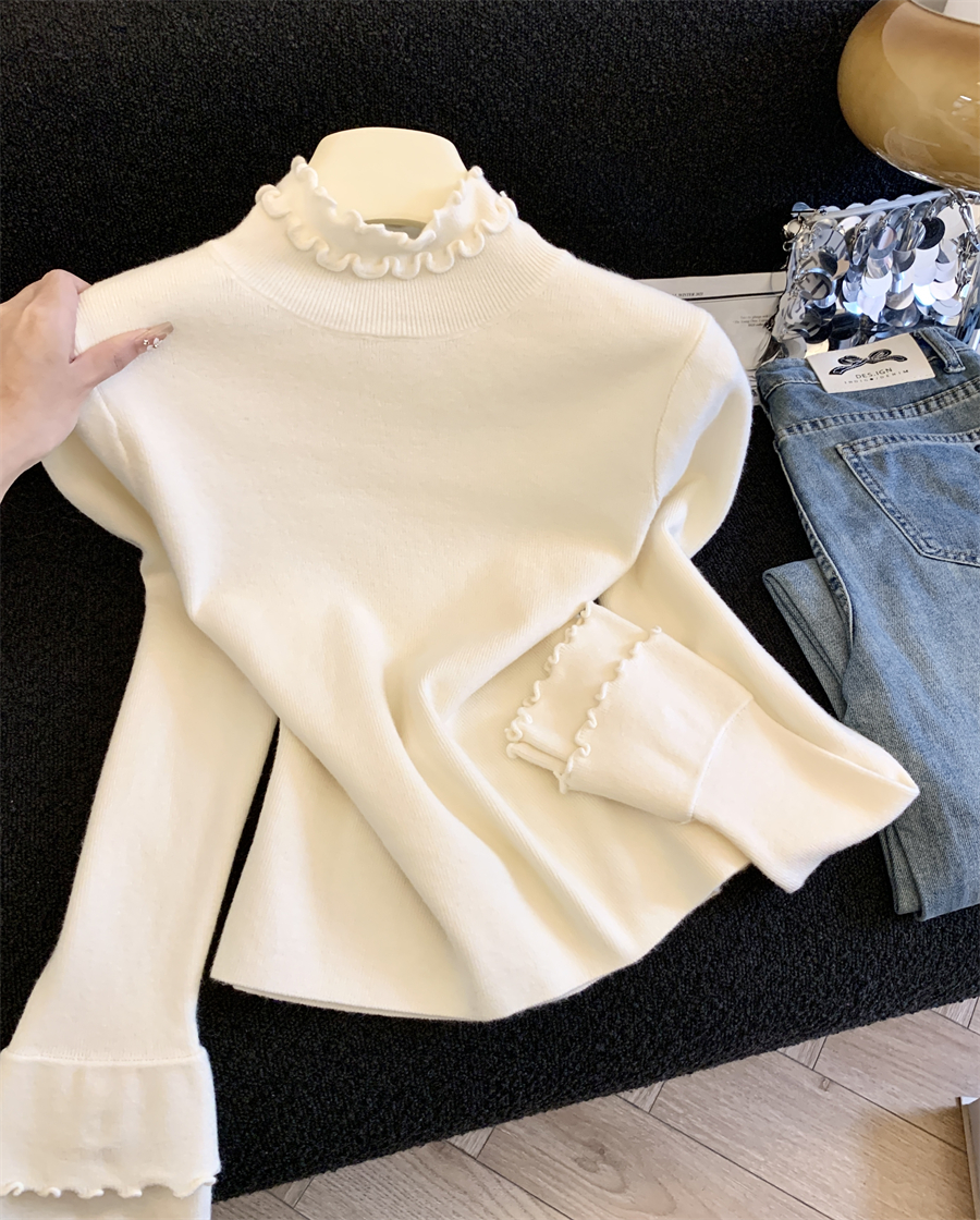 女秋冬季高端女装洋气2025新款木耳花边半高领针织衫打底内搭上衣