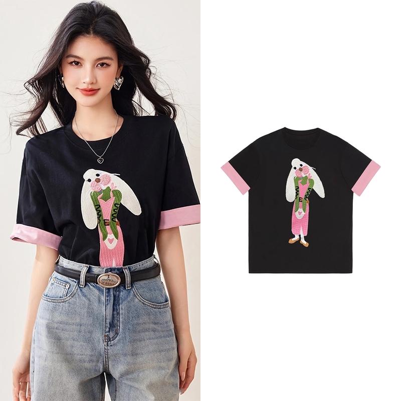 【T恤】卡通兔子短袖T恤女2025夏季新款时尚百搭拼色上衣Z6150