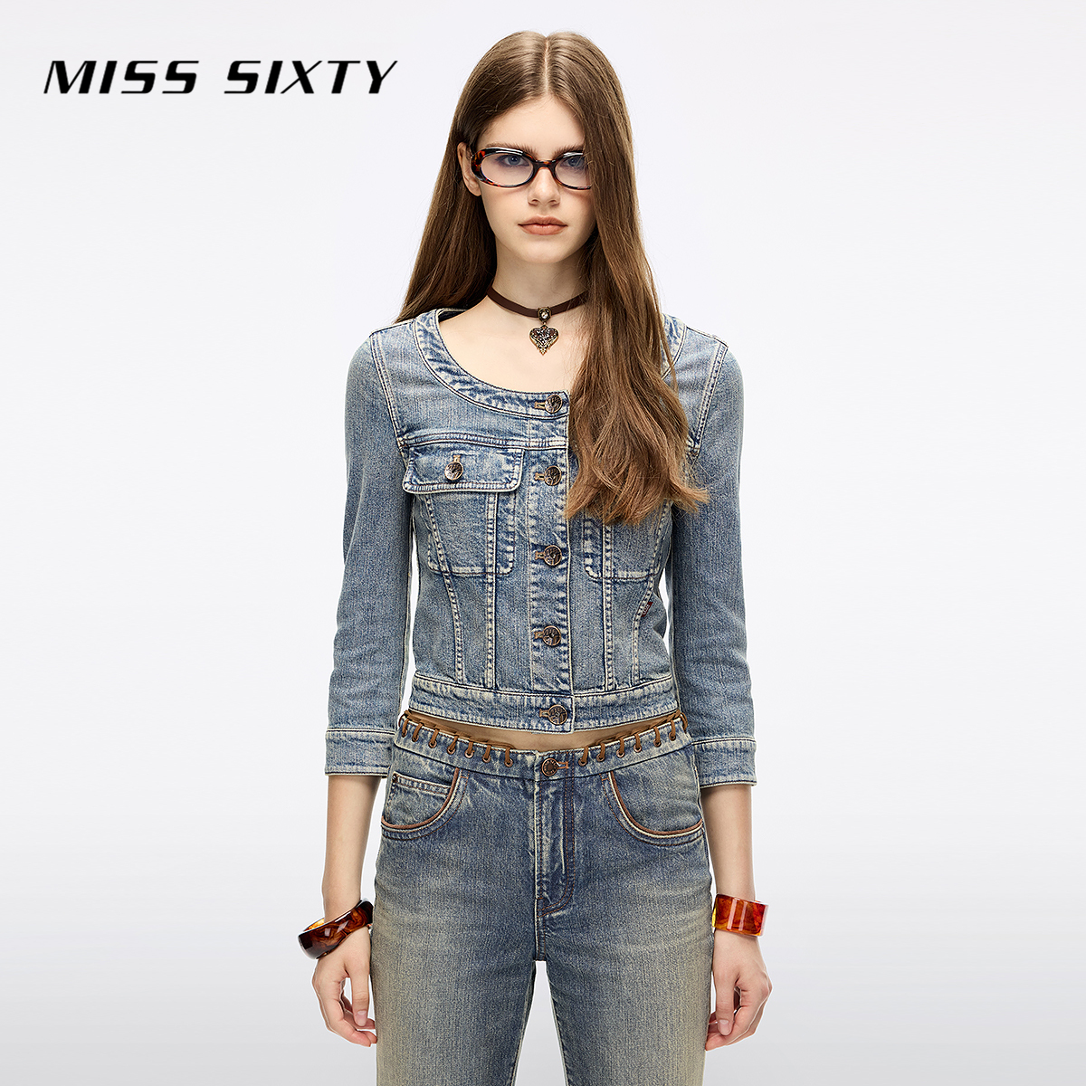 【进口牛仔面料】Miss Sixty2025秋季新款牛仔外套女U型领短款
