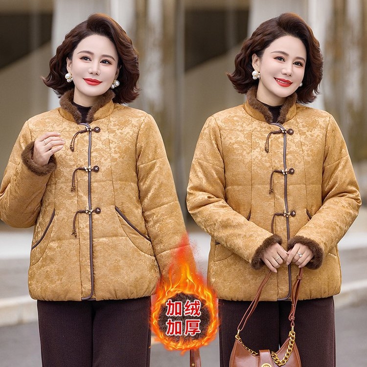 中老年妈妈装新款大码加绒加厚冬季短款时尚立领国风服