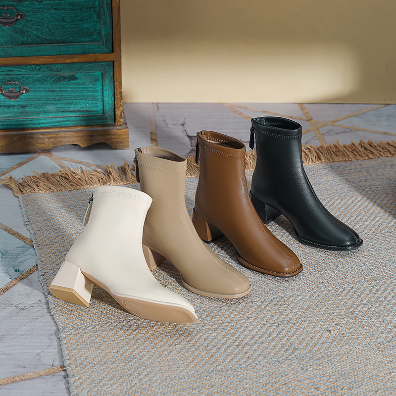 轻奢风方头通勤百搭后拉链粗跟短靴冬季女H935-13