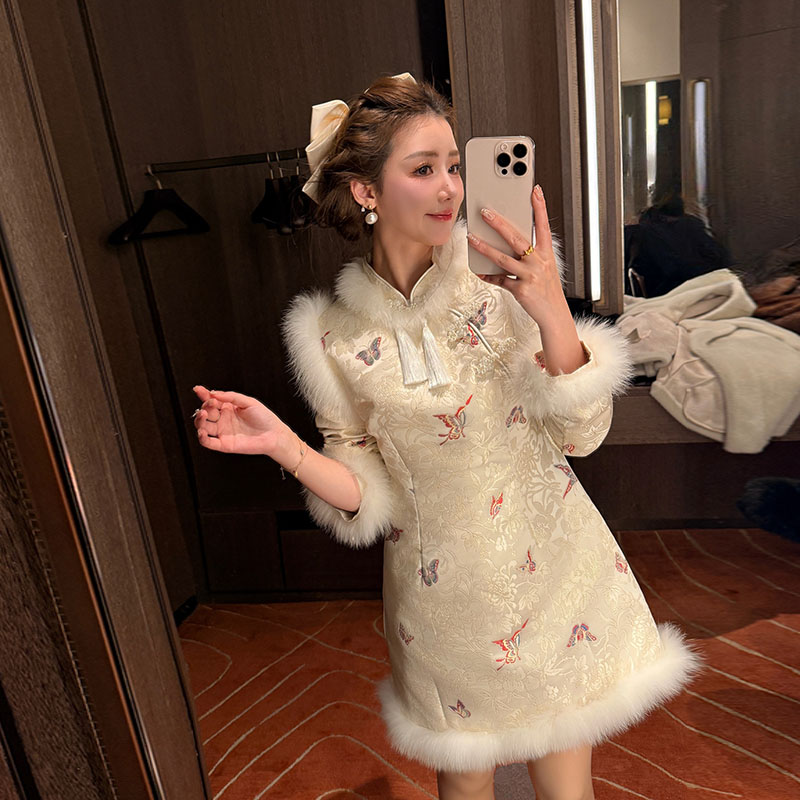 冰冰来了【蝶舞】小众气质国风短款旗袍流苏蝴蝶狐狸毛连衣裙25592