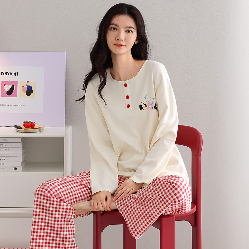2025新款春秋冬女士睡衣纯棉长袖简约时尚格子外穿全棉家居服套装