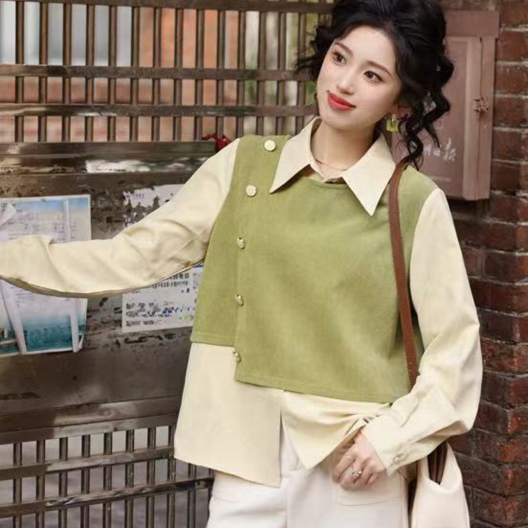港风复古纯色长袖衬衫宽松百搭上衣2038