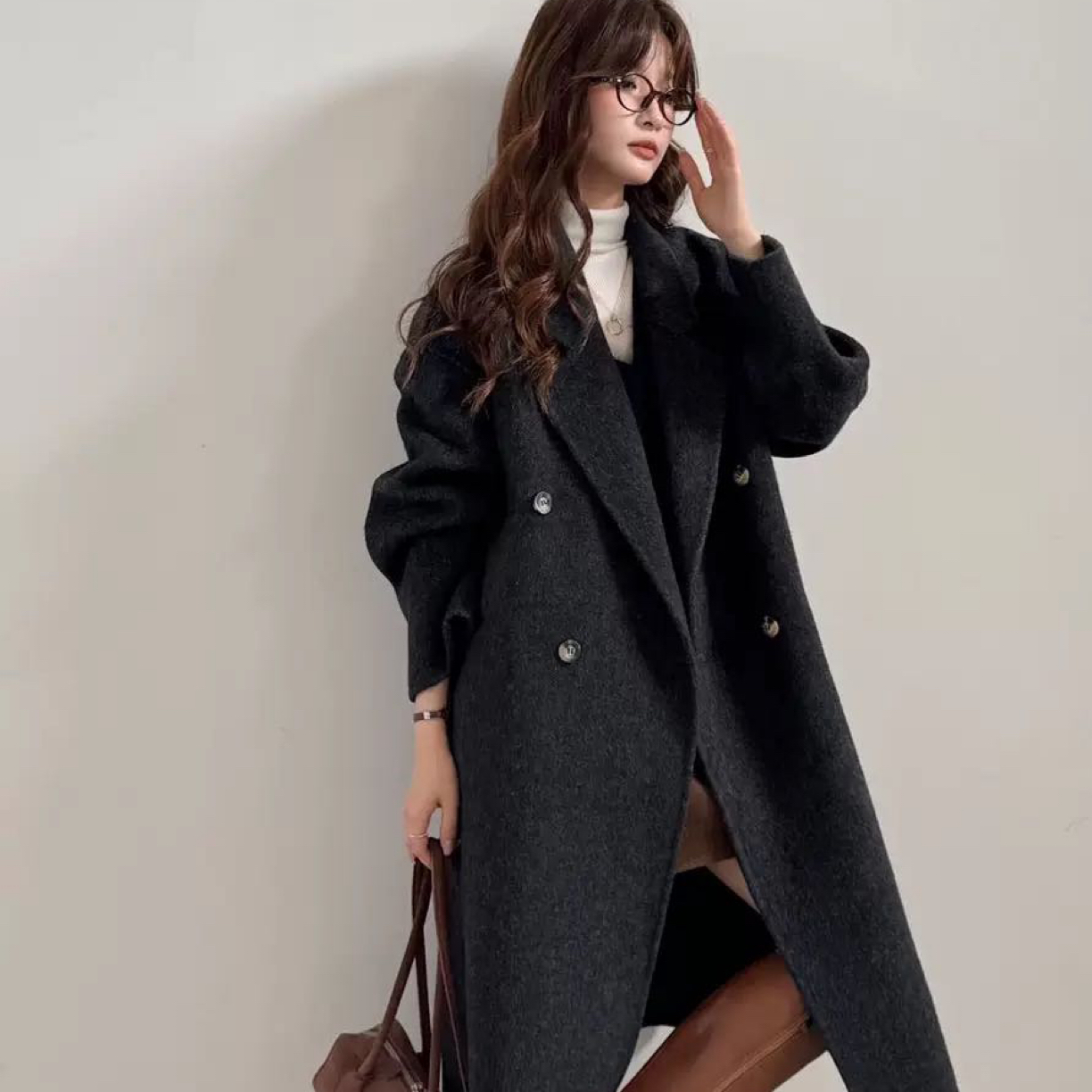 秋冬女士中长款宽松双面呢子大衣百搭气质外套8822