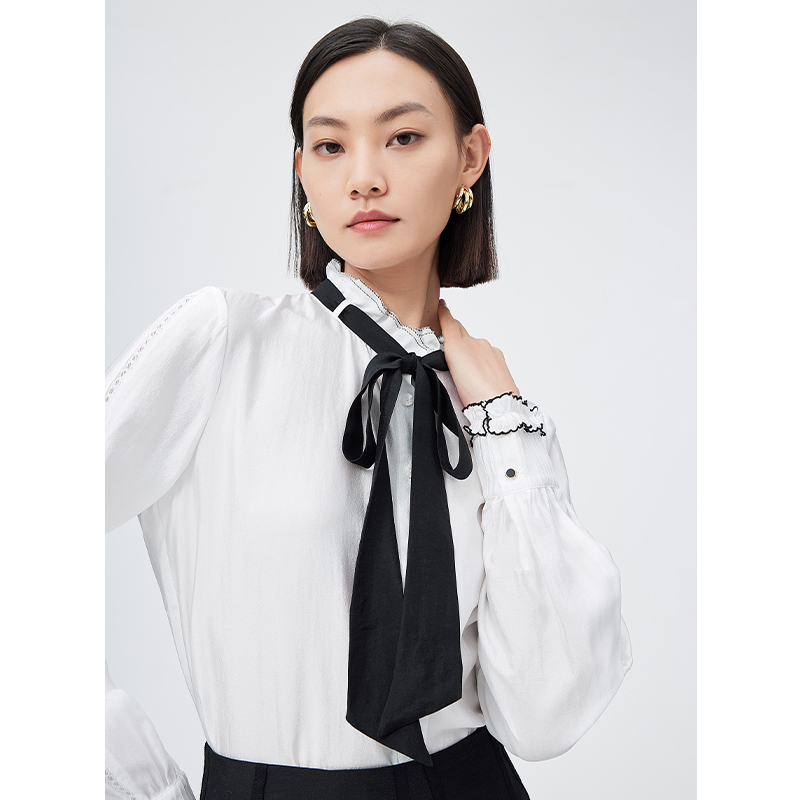 籽言专属LEISURE/三彩·丽雪撞色飘带缎感珠光衬衫0664