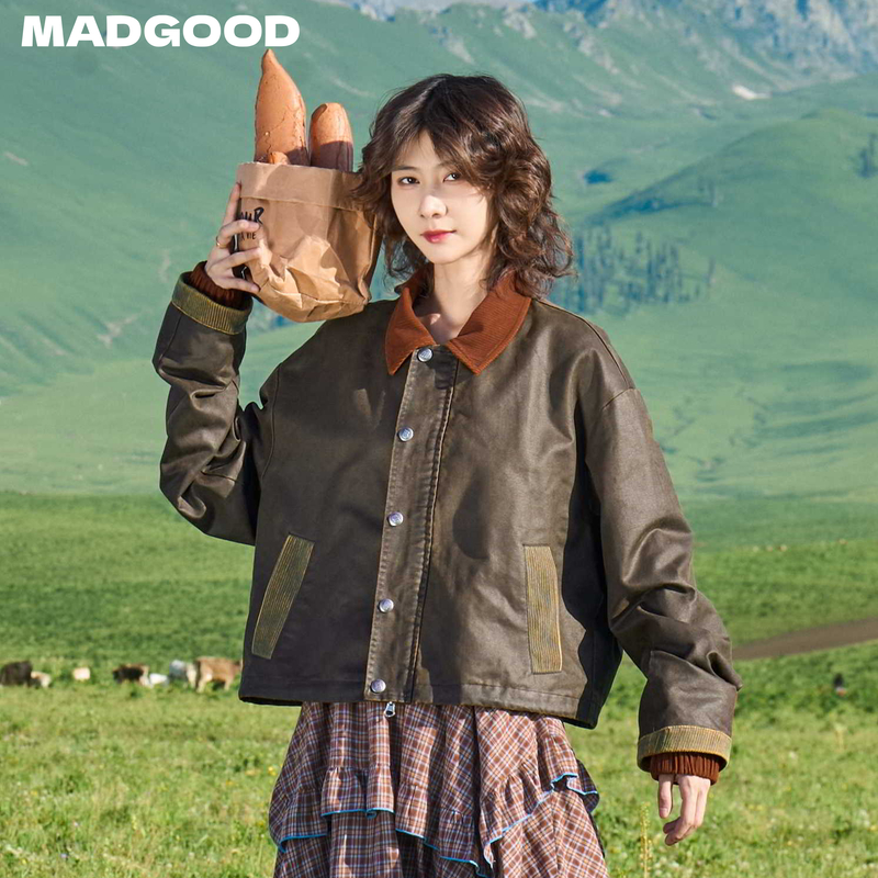 madgood马得工地日系休闲宽松油蜡洗褪拼接复古感夹克MDGDWT13258