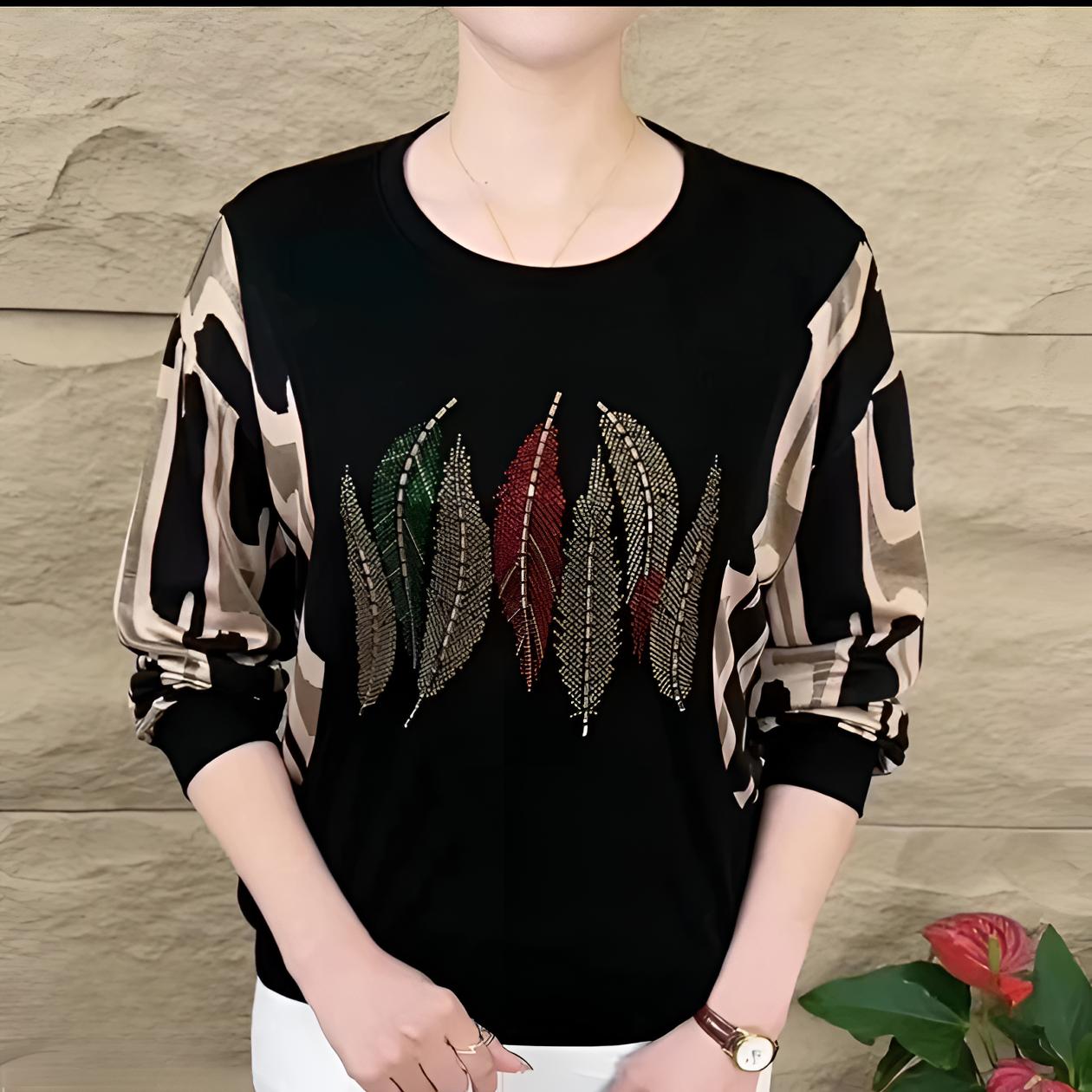 中年大码秋季长袖女装烫钻宽松时尚女印花薄款不加绒洋气圆领T恤