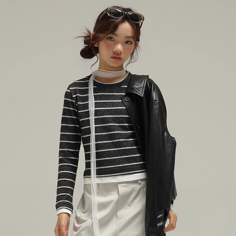 小女森女童春秋黑白条纹长袖T恤撞色假两件儿童针织衫内搭上衣女