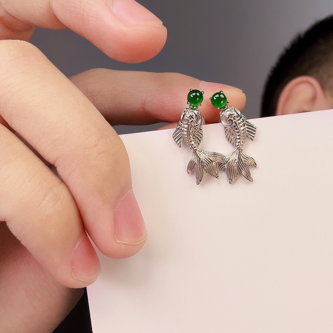 翡翠颈饰银S925镶嵌一对