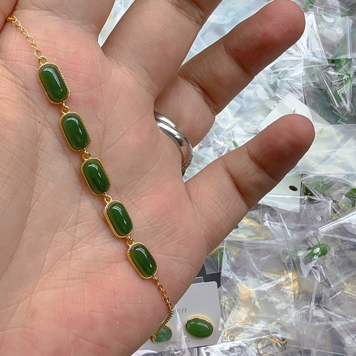 和田玉（碧玉）手链银S925镀金镶嵌