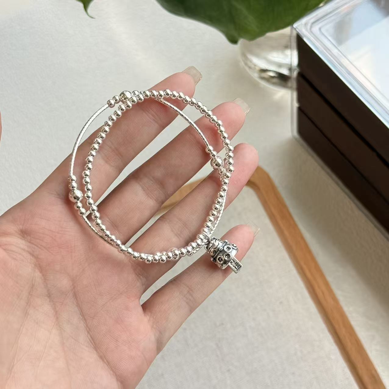 925银手链 【双圈招财猫】叠戴纯银925手链百搭简约气质ins日韩精致