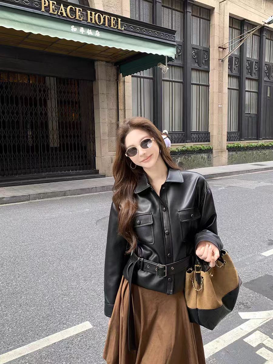 2555 秋季复古立领宽松黑色皮衣女