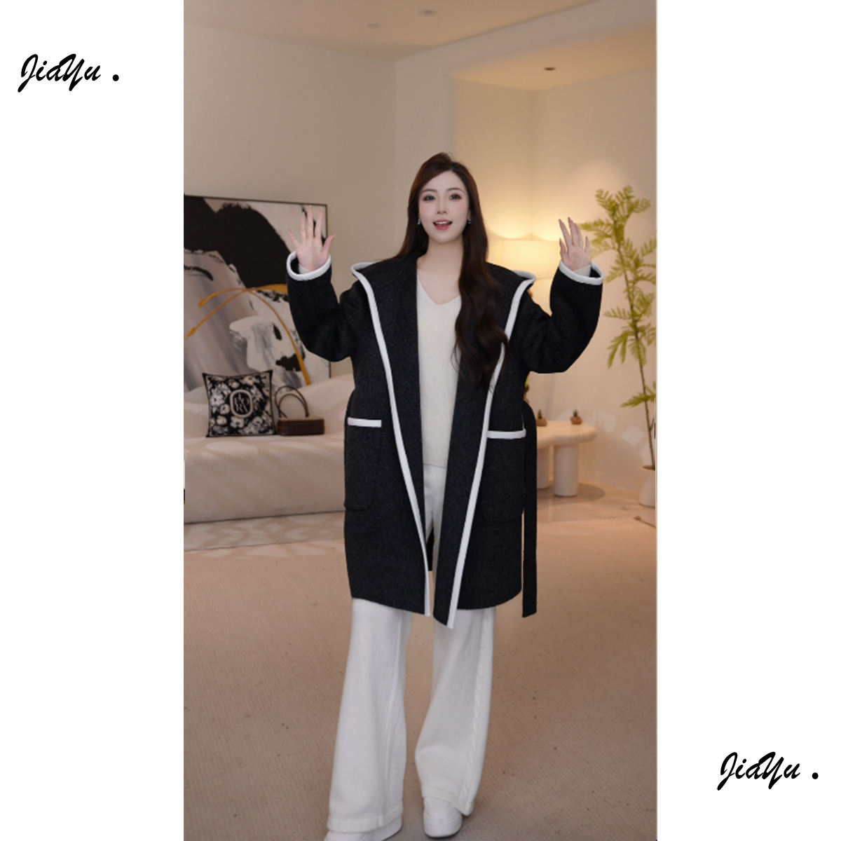 【佳瑜】设计师 顶奢！时尚显瘦气质中长款连帽大衣25D254