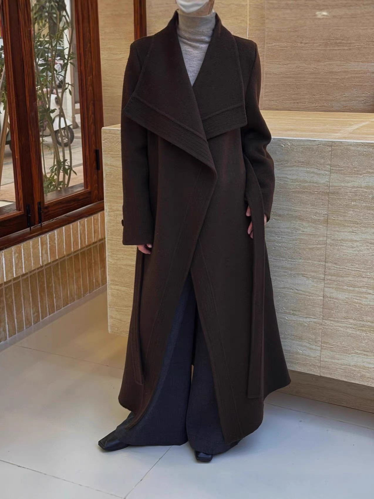 【波尔多德】25年秋冬新款正肩腰带款休闲中长款双面羊毛大衣外套