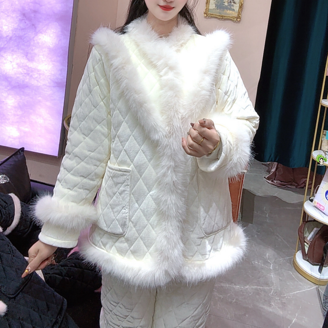 三层夹棉加厚撞色毛领保暖可外穿新中式女士家居服