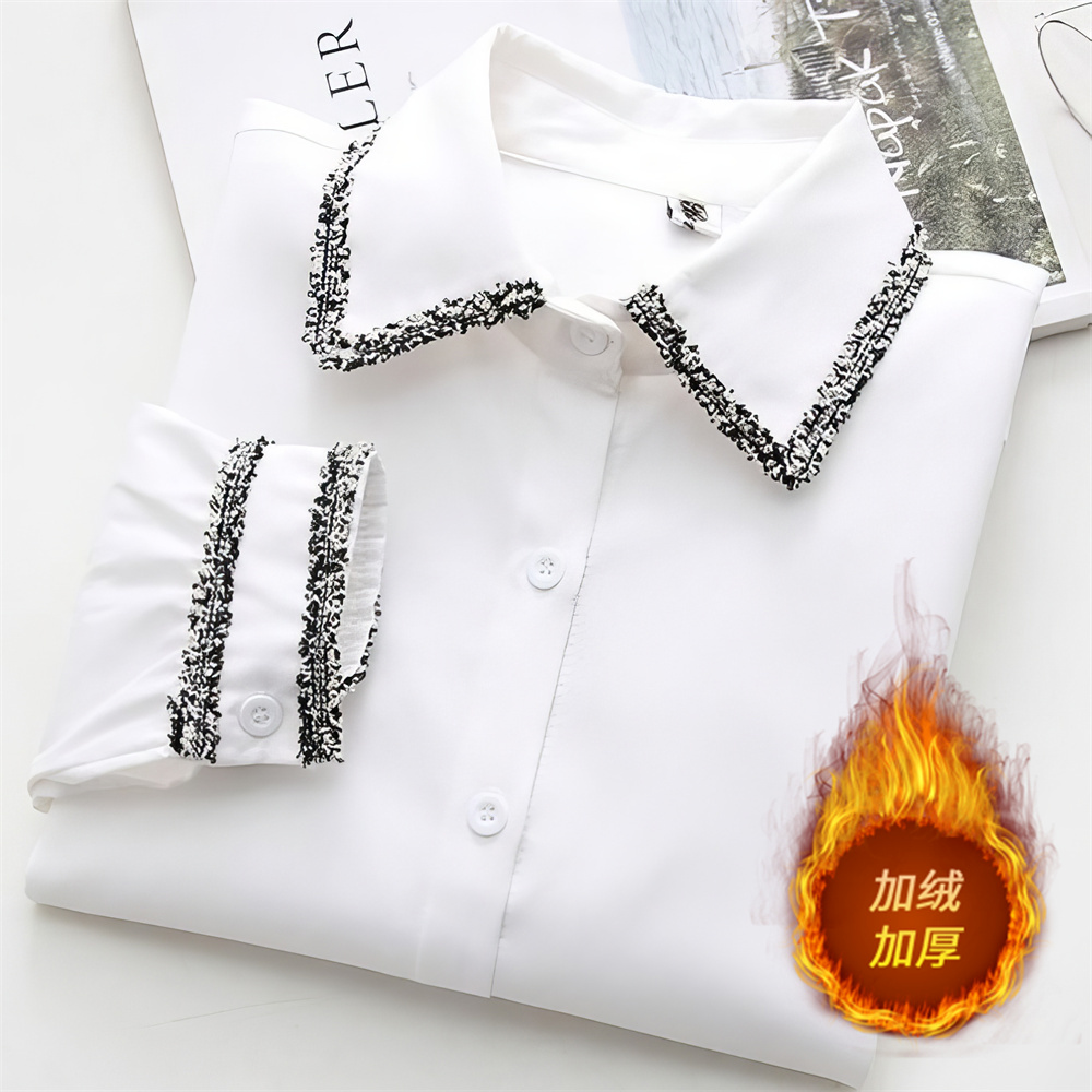 雪纺加绒白衬衫女长袖2024秋冬新款韩范百搭宽松打底衬衣女上衣