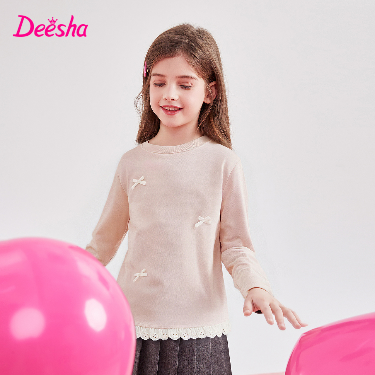 Deesha笛莎女童圆领T恤秋季新款中童芭蕾风长袖T恤儿童上衣-7M253