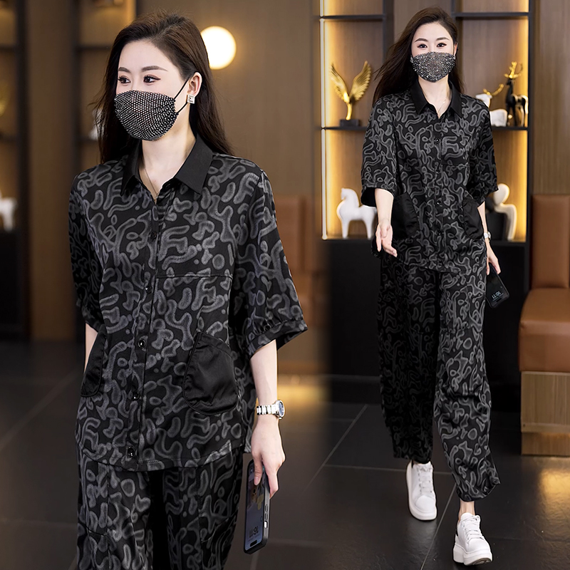 2025夏季新款洋气大码女装套装胖MM时尚宽松显瘦哈伦裤两件套