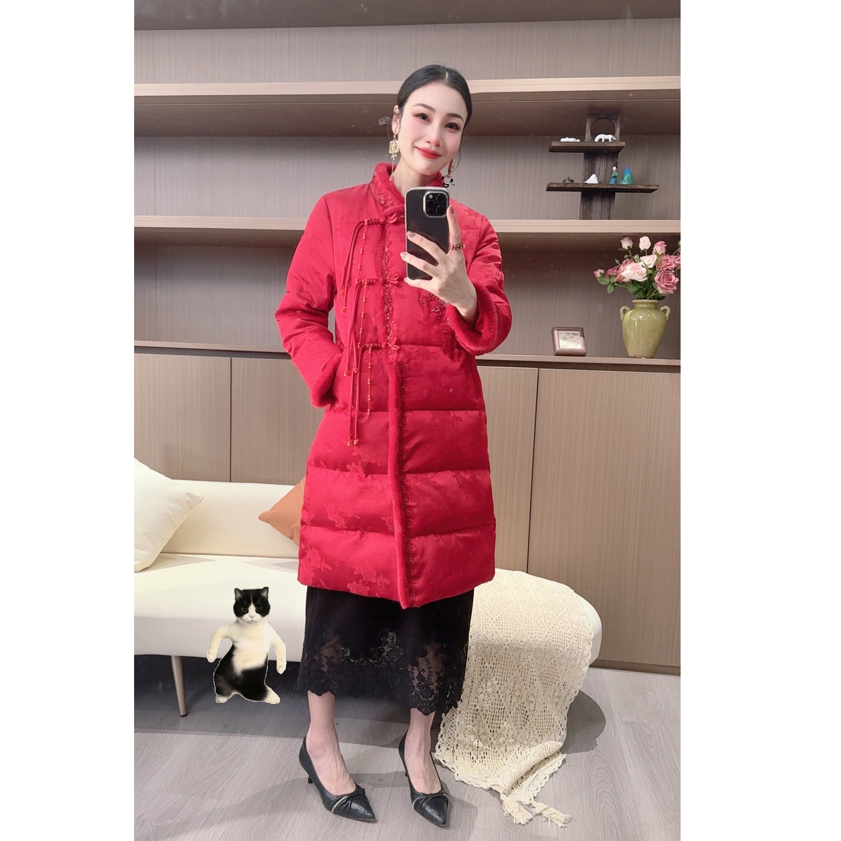 【奈雪】冬季加棉加厚中长款外套新中式国风绣花保暖上衣女