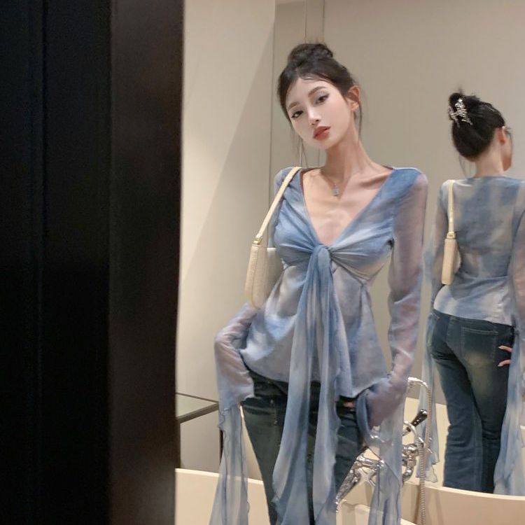 渐层扎染薄款长袖衬衫女秋冬新款法式防晒衬衫飘带设计感小众上衣