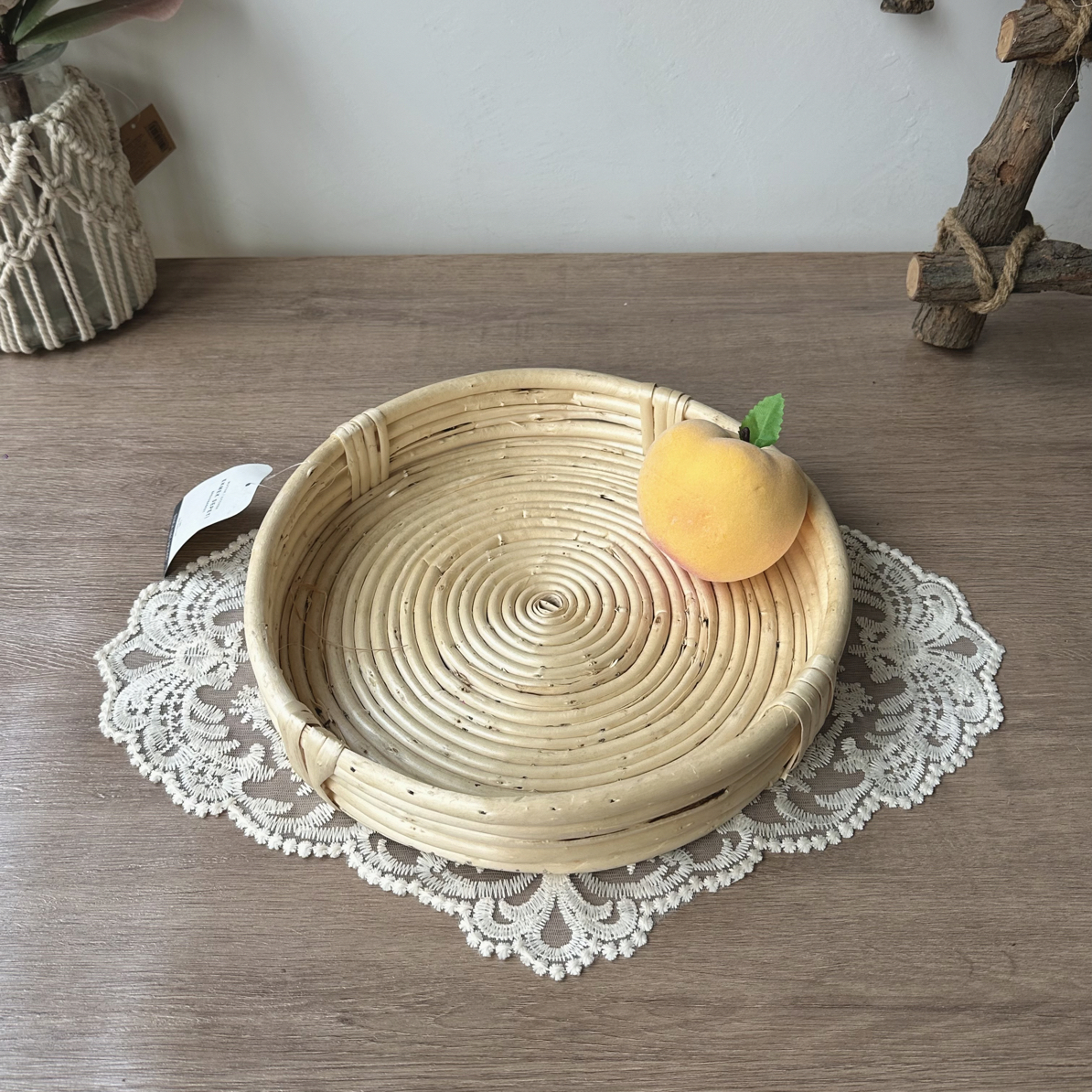 ins风原木果盘藤编圆形点心坚果面包托盘实用设计网红餐厅收纳