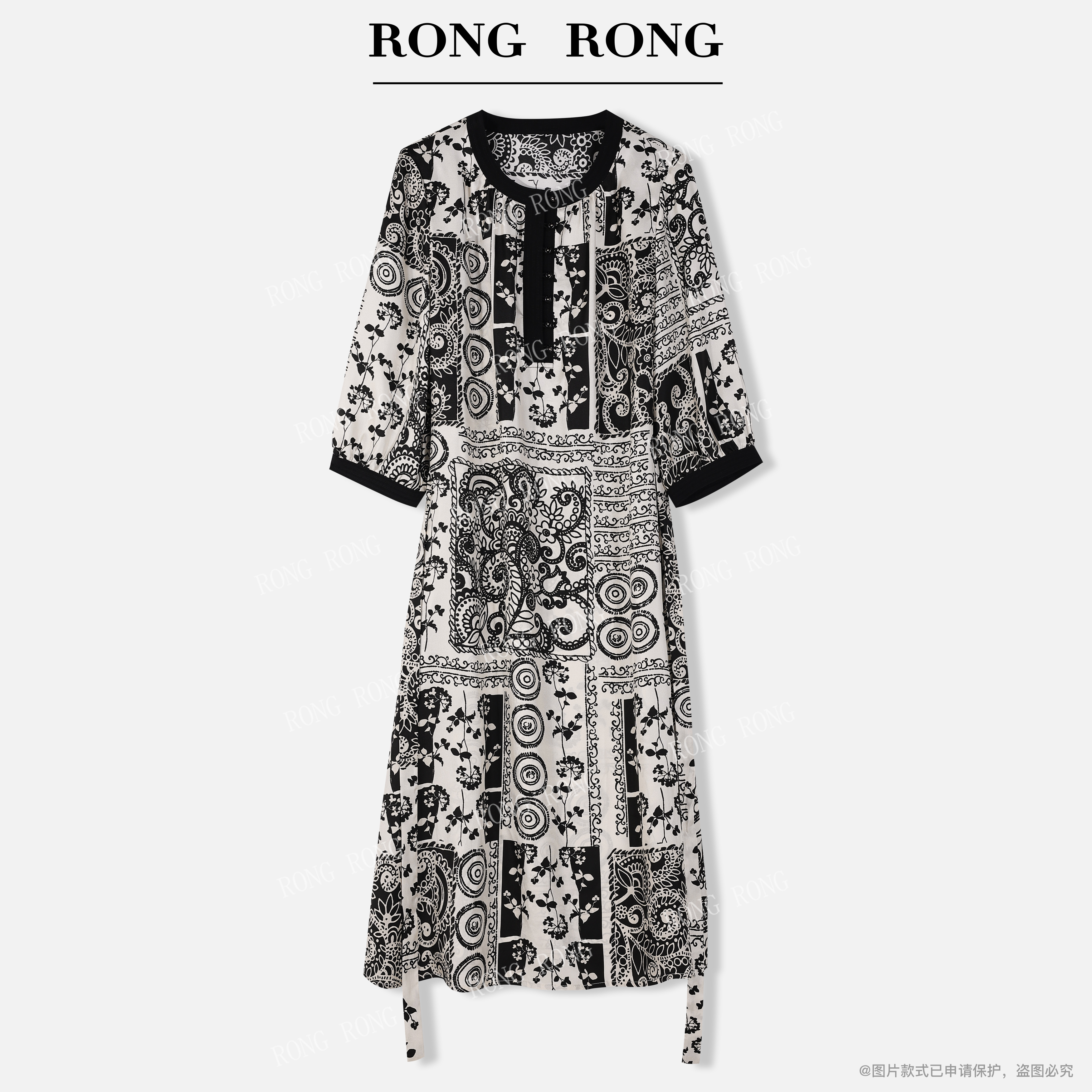 溶溶【复古繁花】100桑蚕圆领芈开襟异域风情撞色印花连衣裙519836