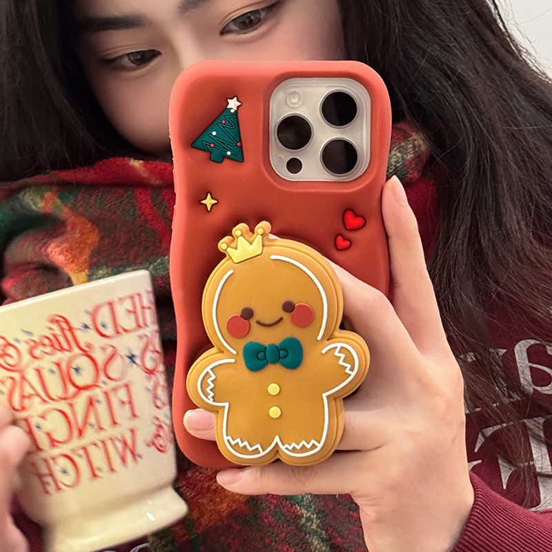 卡通姜饼人支架适用苹果16promax手机壳15/14/13新款12全包11硅胶