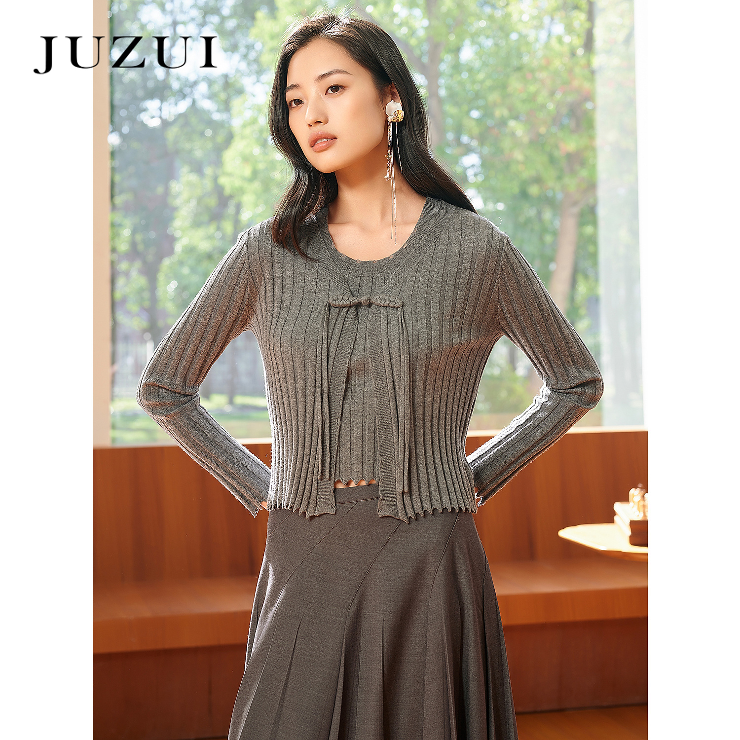 JZ玖姿商场同款JWFC30605新中式设计感针织开衫两件套女2025新款